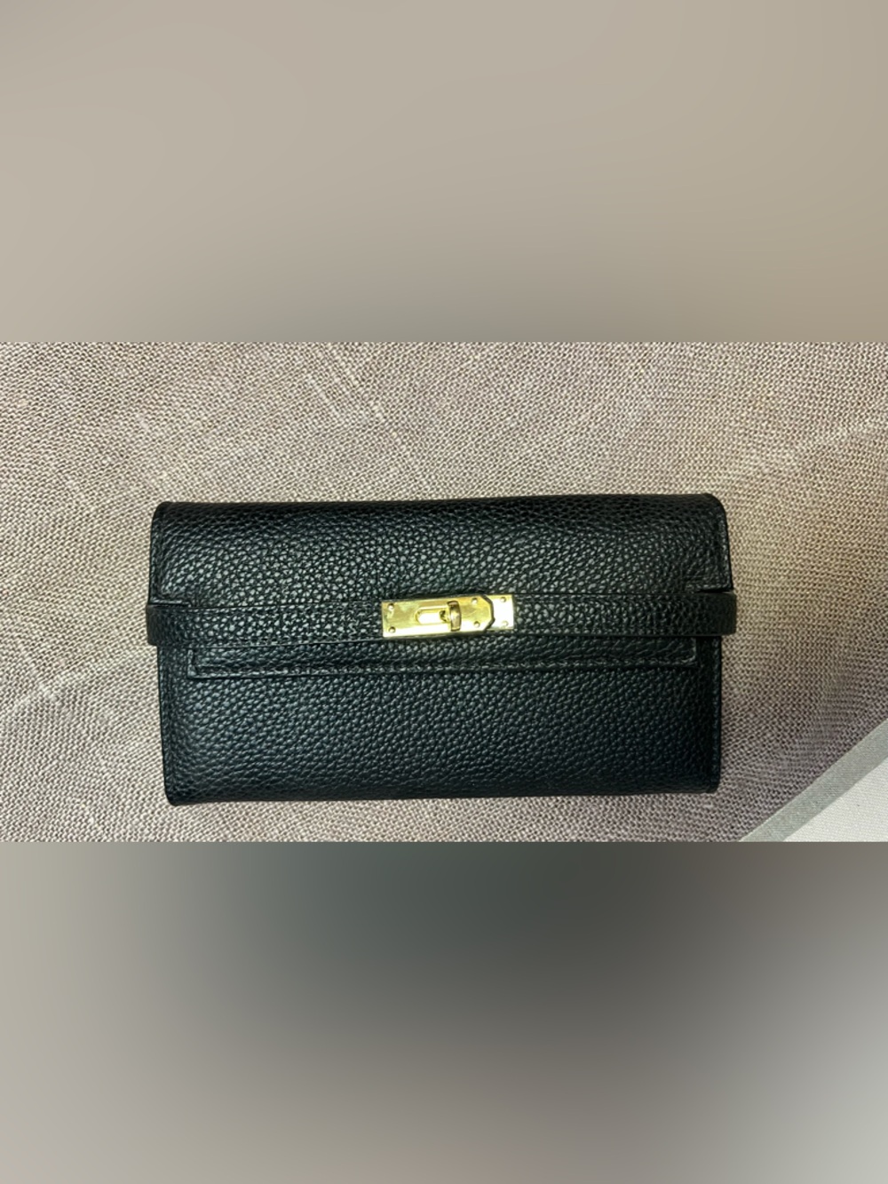 Black Faux Leather Wallet Clutch Turn Lock Structured Flap Gold Hardware New